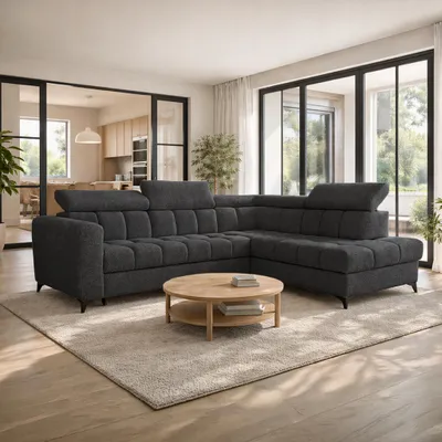 Produktbild von Ecksofa CAPRIO, Wohnzimmer, modernes Schlafsofa Sofa 5-Sitzer Sofa freistehendes Polstersofa Bettkasten 262 cm rechte Ottomane Graphit Marcello 19