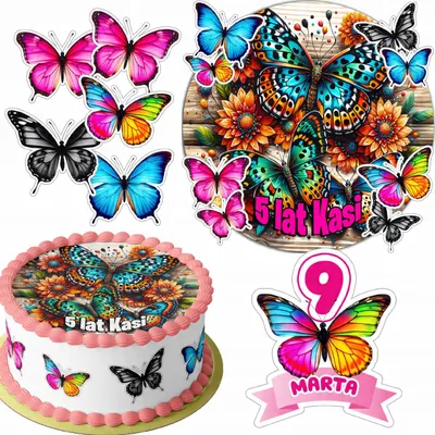 Zdjęcie produktu dla Zestaw Opłatek Na Tort 20Cm + 16 Postaci - Motyl + Imię 15Cm 18Cm