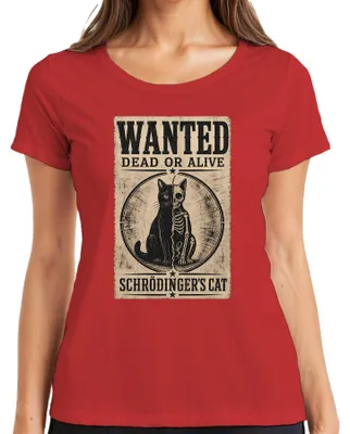 Immagine prodotto di Maglietta da donna, colore rosso, taglia 3XL. Motivo: "Il gatto di Schrödinger: ricercato vivo o morto". (Categoria: Fisica, tono sarcastico)