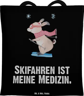 Produktbild von Mr. & Mrs. Panda Jutebeutel Hase Skifahren - Schwarz - Geschenk, Tote Bag, festival tasche, Ski fahren, Skisport, Skirennen, Skiwettbewerb, Laptoptasche, dokumententasche