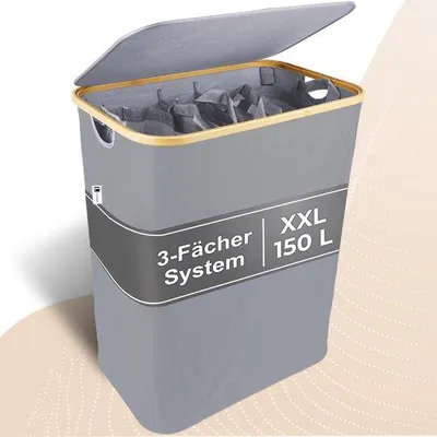 Produktbild von Bamboe-Wasbox XXL mit Abdeckung, 3-Türme, wasserdichtes Sortiersystem, falbarer Waschbehälter