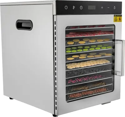 Immagine prodotto di Essiccatore / Essiccatore per alimenti - Essiccatore per frutta a 10 livelli - 800 W - Acciaio inossidabile - Termostato regolabile da 30 a 90 °C - 10 ripiani - Commerciale - Arancione