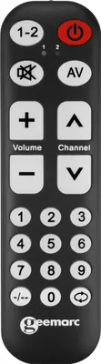 A black universal remote control with white and red buttons is shown against a black background.