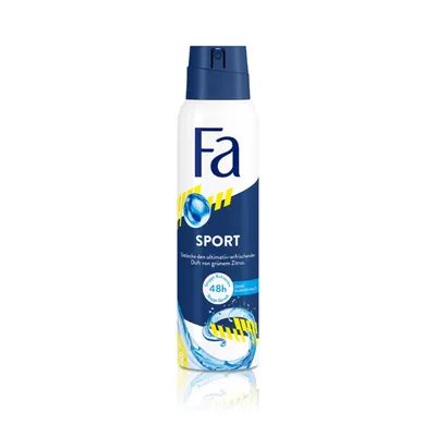 A product shot of a Fa Sport deodorant spray can against a white background.