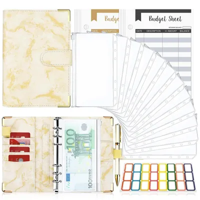 Produktbild von Budget Binder A6 Marmor Gelb mit PVC Tasche und Geldumschlägen