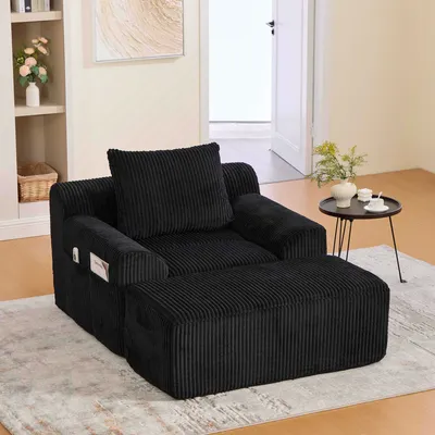 Produktbild von LVHOM Einzelsofa mit Ottomane, Relaxsessel mit Hocker, Lazysofa Ohne Montage, Loungsessel aus Cordstoff, Sitzsack, Schwarz