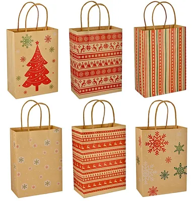 Image de Sacs cadeaux de Noël, 24 pièces, papier kraft, 15x8x21 cm, 6 motifs différents, avec anse