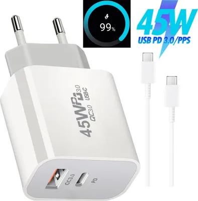 A white 45W dual USB-C adapter with two white USB-C cables, presented with marketing text and graphics.