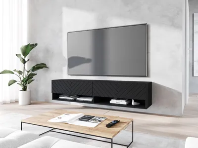 Produktbild von Minio, TV-Schrank, Lowboard "ANNE" 140 cm, MDF Platte mit Herringbone Muster, LED-Beleuchung inclusive, hängend, stehend, Graphit schwarz