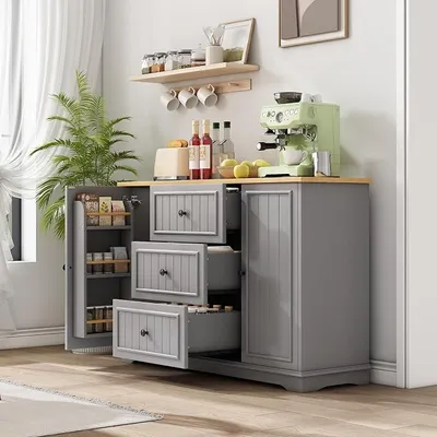 Produktbild von Sideboard, Buffetschrank, Grauer MDF Küchenschrank mit 3 Schubladen, Türen und verstellbaren Einlegeböden, 126 40 86 cm, für Esszimmer, Küche, Wohnzimmer und Flur
