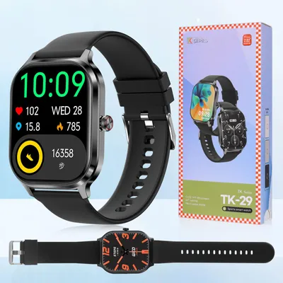 A collage of a smartwatch, its packaging, and a separate smartwatch band.