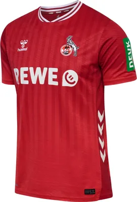 A red soccer jersey with white accents and logos.