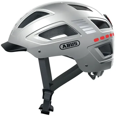 Produktbild von ABUS Fahrradhelm mit Licht - Hyban 2.0 LED - Vorder- und Rücklicht & robuste Hartschale - für Damen und Herren - Silber Glänzend, Größe L (56-61 cm)