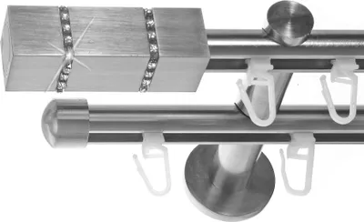 Produktbild von Innenlauf Gardinenstange Edelstahl look, Durchmesser 16mm, Wandträger H80, 2-läufig, Länge 200, Endkappe E27