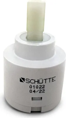 A white ceramic cartridge for a faucet is shown against a white background.