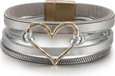 Produktbild von Mehrlagiges Lederarmband mit Boho-Herz, grau