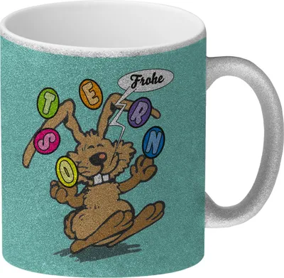 Produktbild von Frohe Ostern! Osterhase jongliert mit Ostereiern Glitzer-Kaffeebecher in türkis