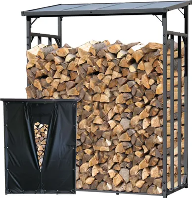 A metal firewood rack filled with logs, with a black cover in front of it.