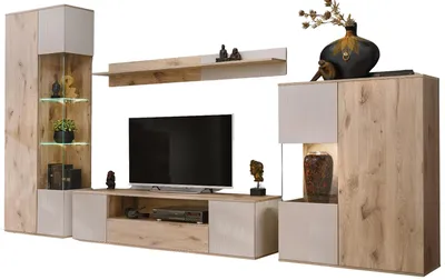 Produktbild von Wohnwand "Cathlyn" Eiche und Kaschmir, Schrankwand 4-teilig inkl. Beleuchtung 350 x 197 cm