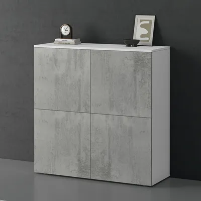 Immagine prodotto di doporro Mobile Organizzatore Credenza Buffet in Legno con 4 Ante Push-to-Open e Soft-Close per Soggiorno, Sala da Pranzo o Ingresso, 100x36,4x100 cm Bianco opaco e Calcestruzzo Schrank04