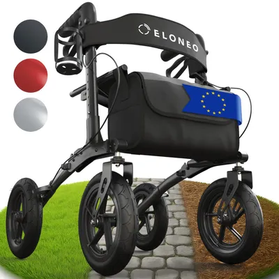 Immagine prodotto di ELONEO Rollator pieghevole con sedile, rollator per esterni con pneumatici, incl. sedile, cinghia posteriore, ausilio per la deambulazione regolabile in altezza in alluminio