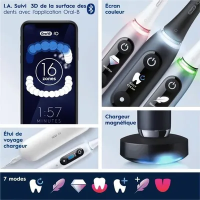 A collage of images showcasing an Oral-B electric toothbrush and its features, including a smartphone app interface, different colored toothbrushes, a charging base, and cleaning modes.