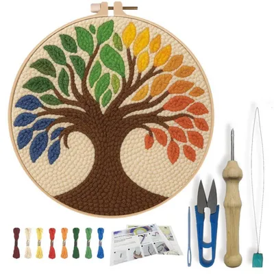 Produktbild von Punch Needle Set Lebensbaum Muster für Anfänger mit Anleitung 20cm gelb