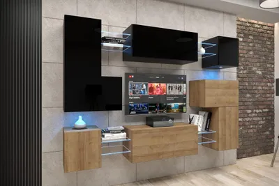 Produktbild von Furnitech Wohnwand Wohnzimmer - Wohnzimmer Möbel mit LED RGB - 16 Farben - Hängend Wohnwand Modern - Regale und TV Schrank (Albania AN3N-21BDZ-HGM31-1A)
