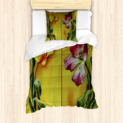Produktbild von ABAKUHAUS Romantisch Bettbezug Set für Einzelbetten, Retro Blumenmalerei, Milbensicher Allergiker geeignet mit Kissenbezug, Rosa Gelbgrün