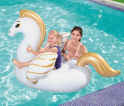 Produktbild von Bestway, Aufblasbares Schwimmtier Pegasus, 159 x 109 cm, Weiß/Gold mit goldenen Akzenten, Vinyl, bis 45 kg, 2 Luftkammern, robuste Handgriffe, Sicherheitsventile, Reparaturflicken