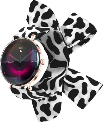 A smartwatch with a cow-print band is displayed against a white background.