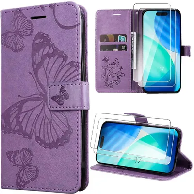 Image de Coque + 2 Verres Trempés pour iPhone 17, Antichoc Cuir Synthétique Motif Papillon - Violet