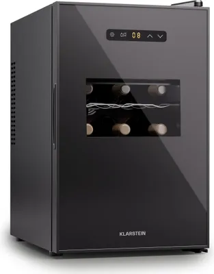 Zdjęcie produktu dla Klarstein Wolnostojąca lodówka na wino 1 strefa, mała lodówka na napoje, mała szafka na wino, mała lodówka na wino z szklanymi drzwiami, lodówka na butelki do użytku wewnątrz/na zewnątrz, lodówka na wino, 15 butelek