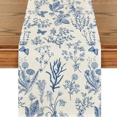 Image de Nappe en lin avec motifs de fleurs printanières - Nappe en lin de haute qualité - Décoration pour cuisine et salle à manger - Idéale pour les fêtes - Dimensions : 33 x 183 cm - Motifs de fleurs sauvages bleues