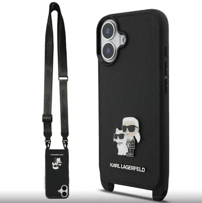 Produktbild von Karl Lagerfeld Hülle Saffiano Crossbody-Gurt Metall-Karl- und Choupette-Hülle für iPhone 17 Schwarz