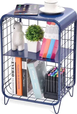 Imagen del producto de Mesa auxiliar Unyqoos® con diseño industrial, altura ajustable, mesa de centro/mesita de noche de 2 niveles, fabricada en metal y madera, color azul, 36,6 x 28,2 x 55 cm