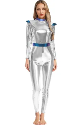Produktbild von Damen Space Girl Kostüm Silber Metallic Overall Gr XL Futuristischer Jumpsuit Langarm Astronautin Sci-Fi Karneval Halloween Fasching Party Show