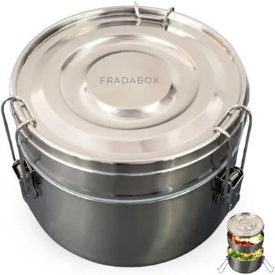 Produktbild von FRADABOX® Lunchbox „Peyton“ 2000ml, bis zu 2 Etagen, Premium Edelstahl Dose Rund mit Fächer, Meal Prep Bento Box, Salat Bowl BPA-frei, Brotdose groß