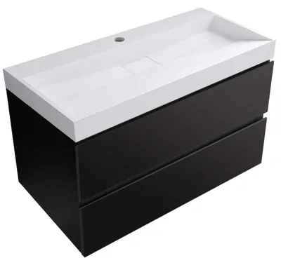 Productafbeelding van Badkamermeubel Carole - mat zwart + wastafel van gietmarmer Vita - mat wit - met afvoeropening - 100x58x46 cm