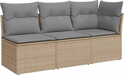 A three-seater outdoor sofa with beige rattan base and gray cushions, shown from the front.