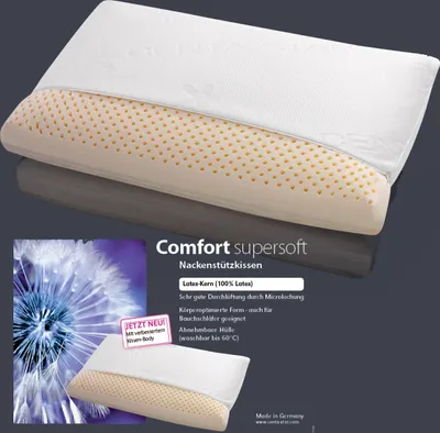 A pillow with a cutaway view showing its internal structure, alongside a dandelion image.