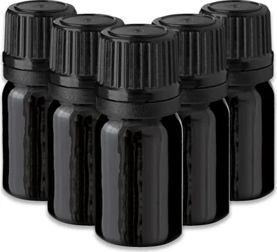 Produktbild von 5x Schwarze Glasflasche 5 ml mit schwarzem Tropfer Tropfflasche 18 mm