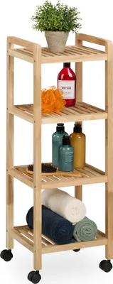 Immagine prodotto di Scaffale da bagno Relaxdays, in legno, A x L x P: 97 x 35 x 31 cm, scaffale in legno con rotelle, 4 ripiani, scaffale per bagno e cucina, colore naturale