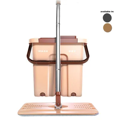 A flat mop and bucket set is displayed against a white background. The bucket has separate compartments labeled 'WASH' and 'DRY'.