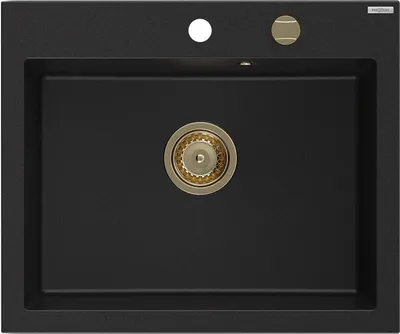Produktbild von Mexen Elix Granitspüle 1-Becken 600 x 500 mm, schwarz, goldener Siphon - 6525601005-77-G