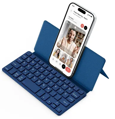 Produktbild von Mini Bluetooth Tastatur mit Ständer für Handy Ultraflache Tragbare Meerblau