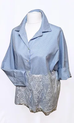 Produktbild von SAISON Bluse Spitze gestreift 40 / 42 Blau Weiß langarm Hemdbluse Applikation italy Mode