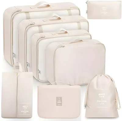 Produktbild von PolkaHome® 8-teiliges Packwürfel-Set, Koffer-Organizer für Reisen, Beige, 30x22x5 cm (M)