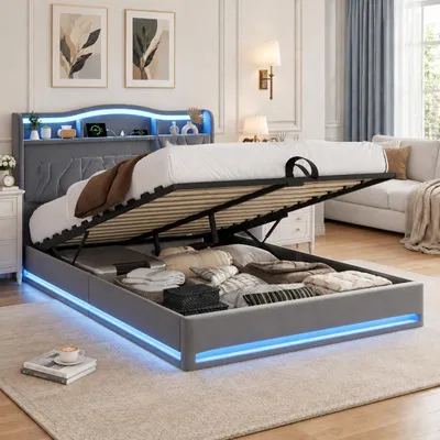Obrázok produktu pre INONEFT Hydraulická posteľ 160 x 200 cm, dvojlôžko s LED osvetlením a USB portmi, čalúnená posteľ s úložným priestorom a roštom, posteľ pre mládež, zamat, sivá farba