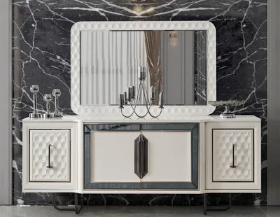 Produktbild von Casa Padrino Luxus Art Deco Möbel Set Weiß / Bronze - 1 Luxus Art Deco Sideboard mit 4 Türen & 1 Luxus Art Deco Spiegel - Art Deco Möbel - Luxus Möbel - Luxus Einrichtung - Art Deco Einrichtung